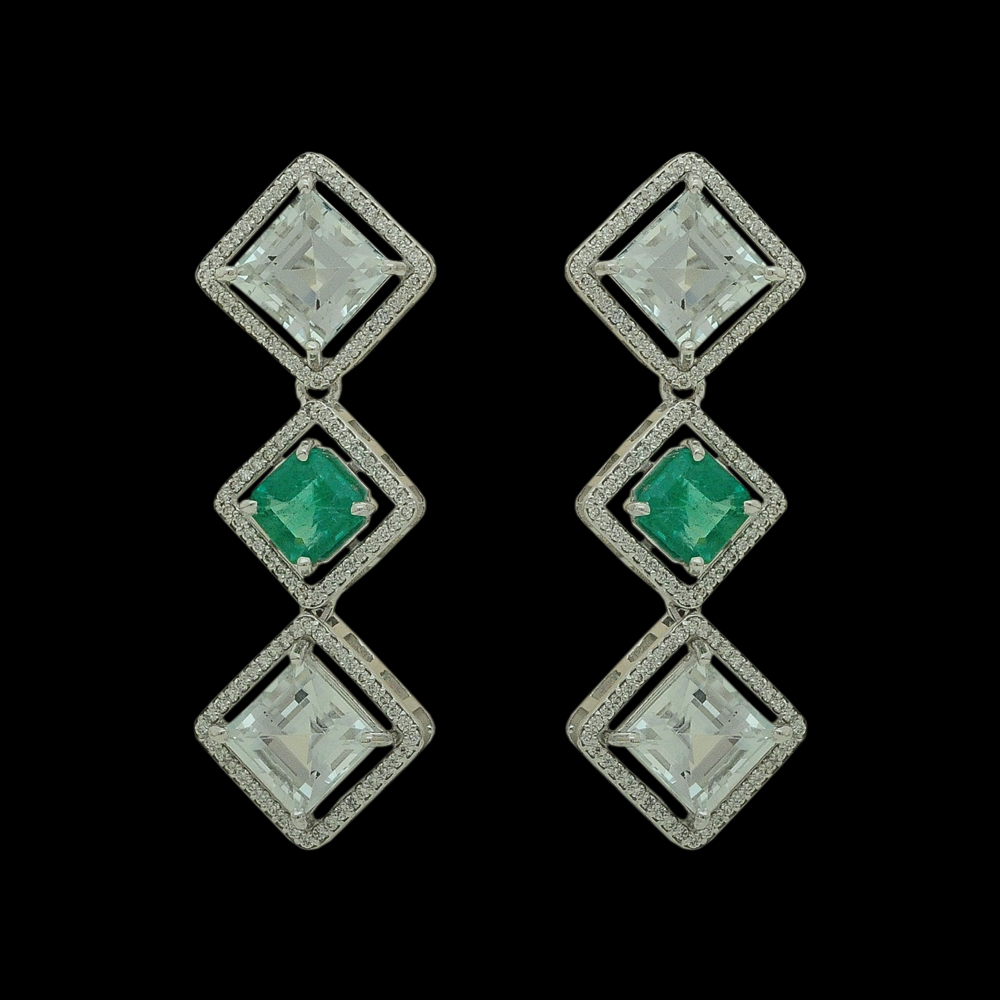 Natural Aquamarine, Emerald and Diamond Earrings