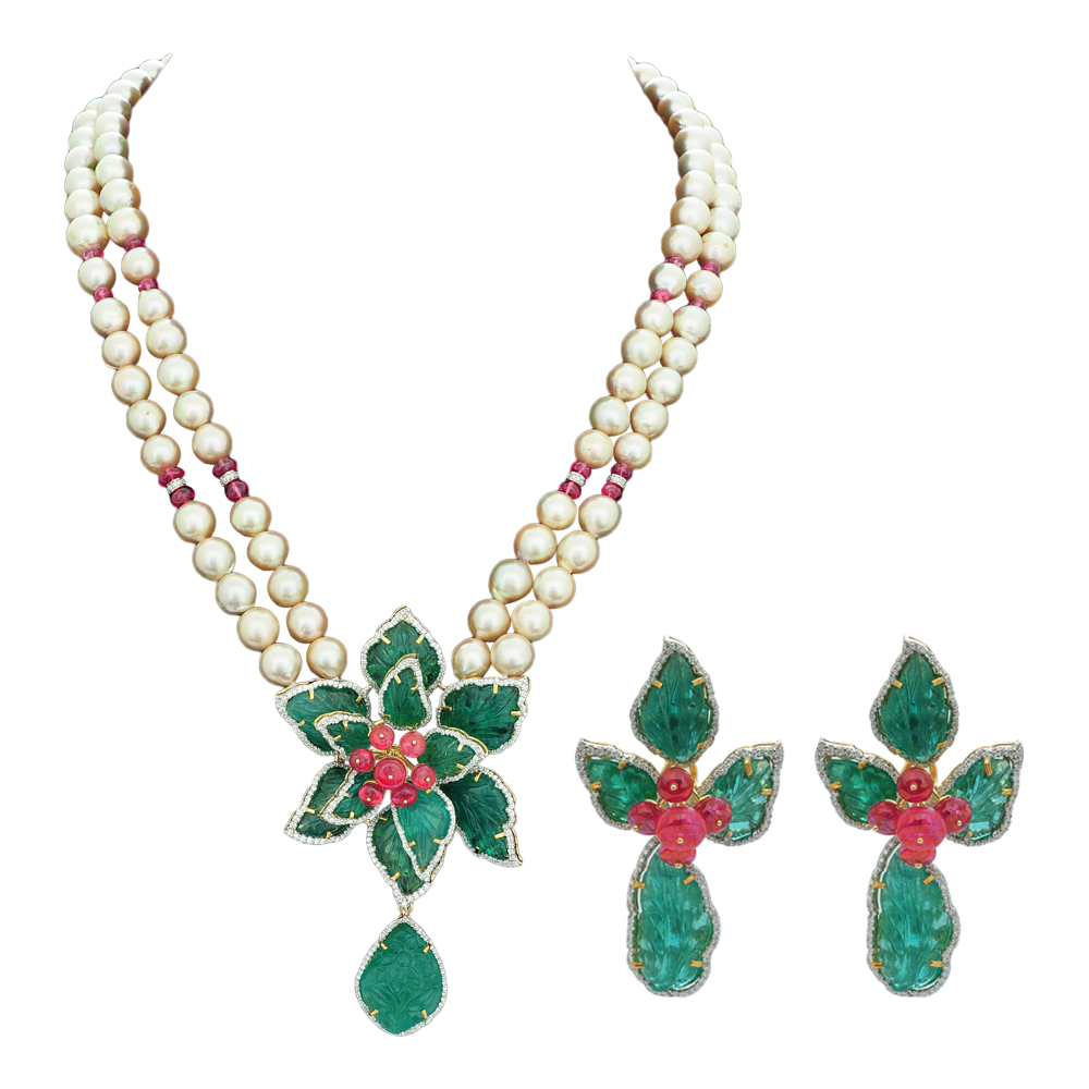 Long Pearl Emerald Diamond Necklace Earrings Set