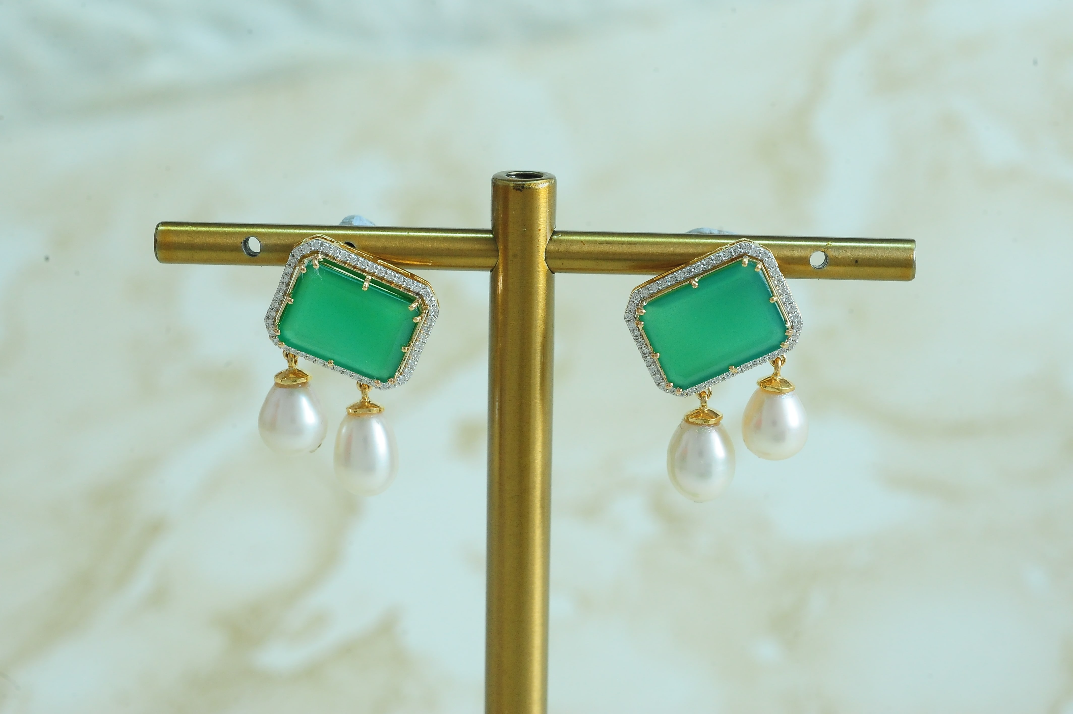Diamond Earrings with Natural Emeralds and Pearl Drops