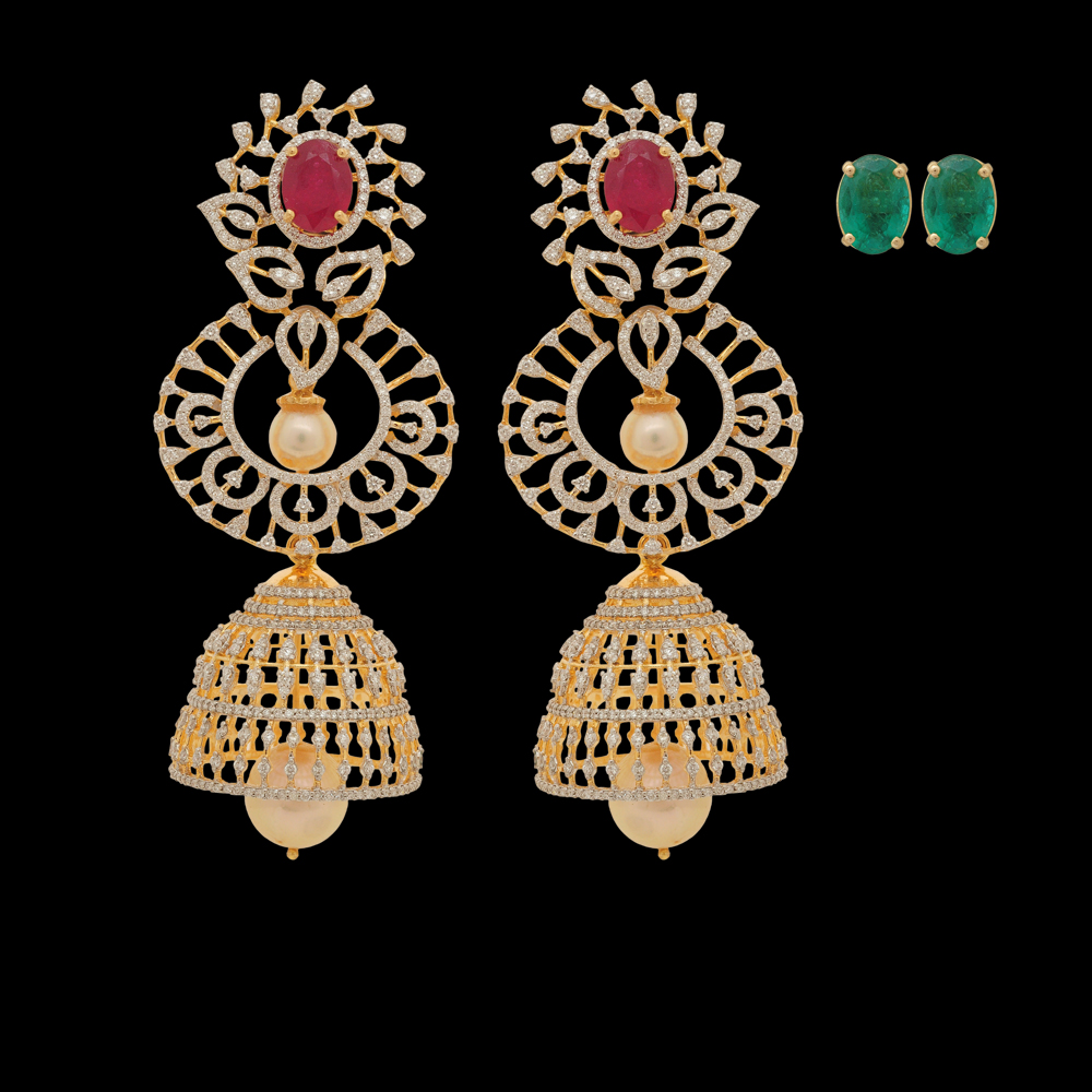 4-in-1 Earrings made of Diamonds, Emeralds, Rubies, Pearls and Gold