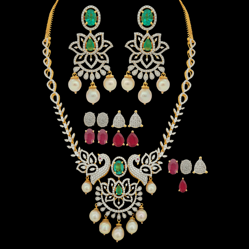 Emerald, Ruby and Diamond Studded 18K Gold Necklace and Earrings Set 