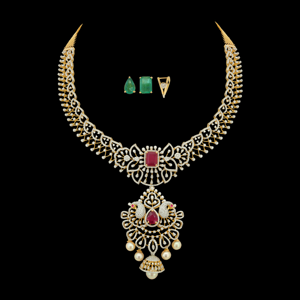 Excellent-cut Emeralds, Rubies and Diamonds Studded Necklace & Earrings Set