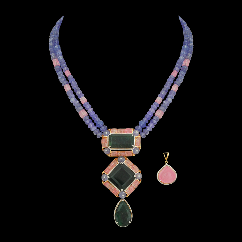 Natural Emerald, Tourmaline, Tanzanite, Morganite Beads and Diamond Necklace with changeable Pendant