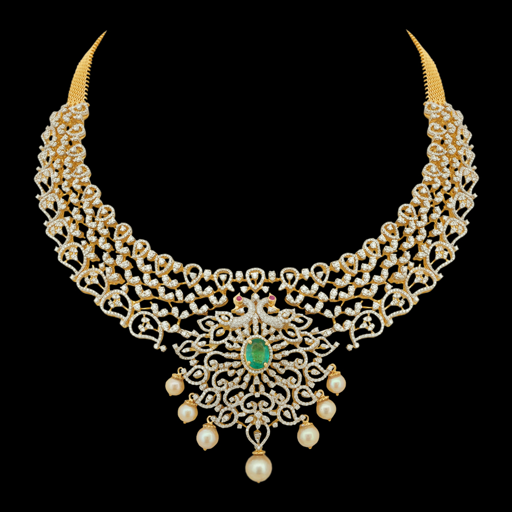 FVVS Diamonds, Emeralds and Rubies Studded 18K Gold Haaram
