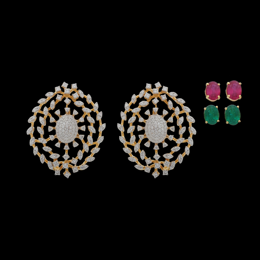 Natural Emerald and Ruby Gemstone  Diamond Studs 