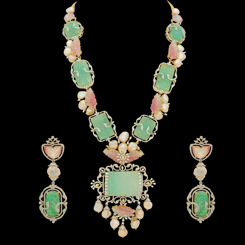Natural Carved Emerald/Tourmaline and Diamond Haaram and Earring Set