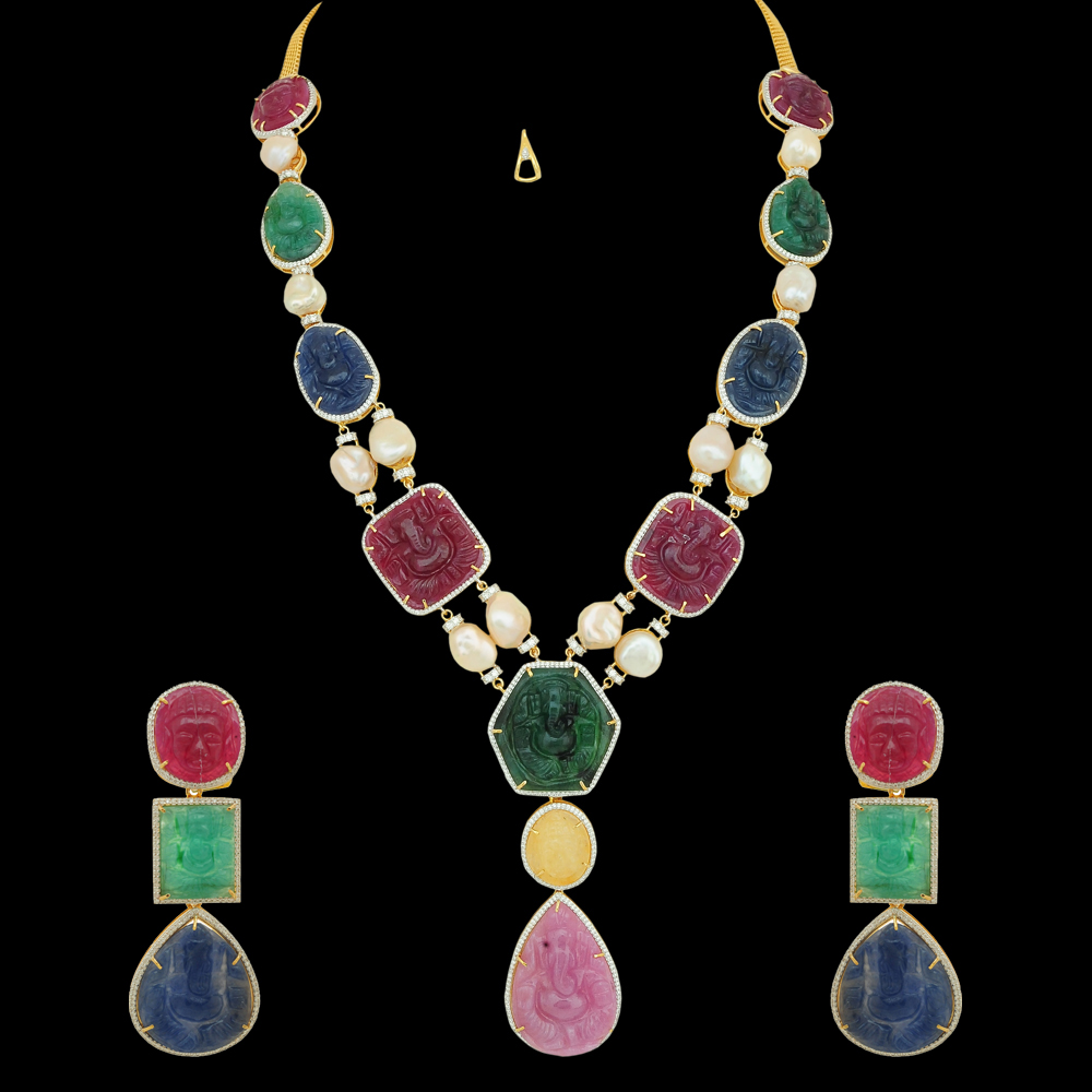 2-in-1 Natural Carved Ganesh Emerald, Ruby, Blue Sapphire and Diamond Necklace, Pendant with Pearls and Earring Set