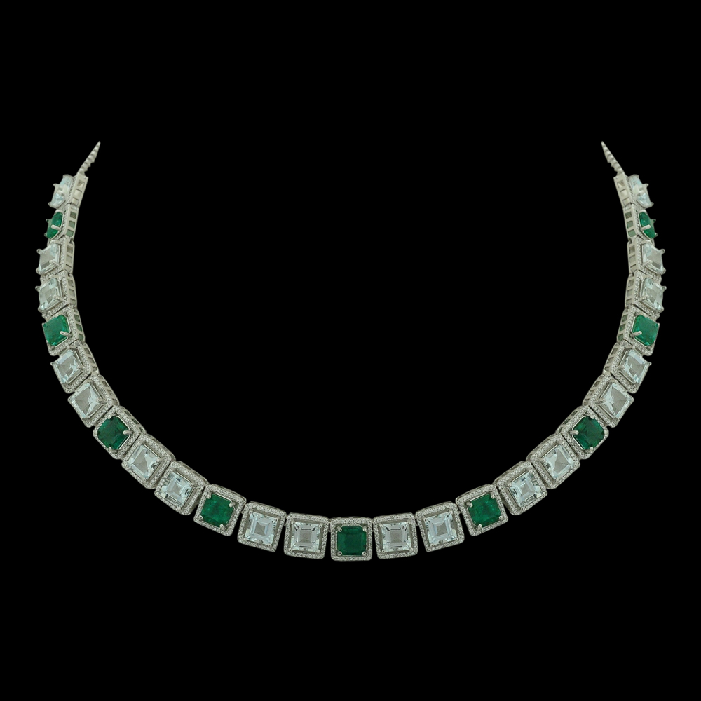 Natural Aquamarine, Emerald and Diamond Necklace