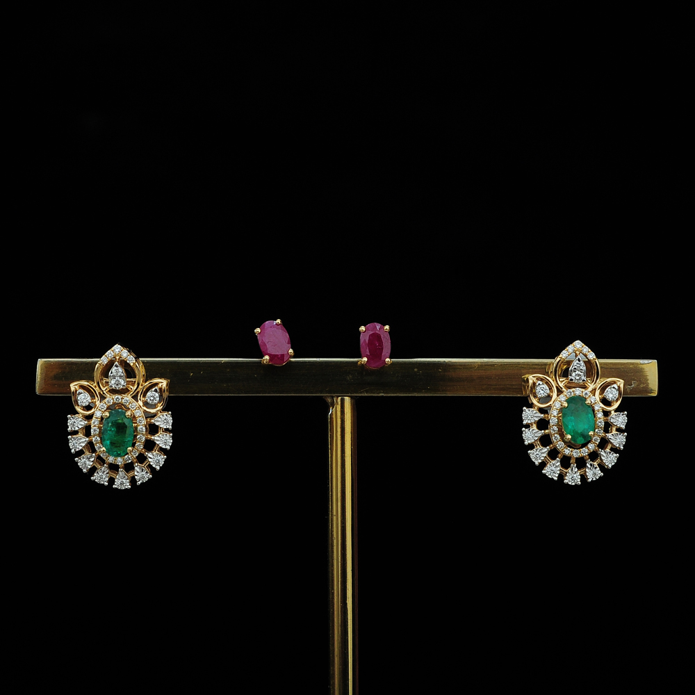 Diamond Earrings with changeable Natural Emeralds/Rubies
