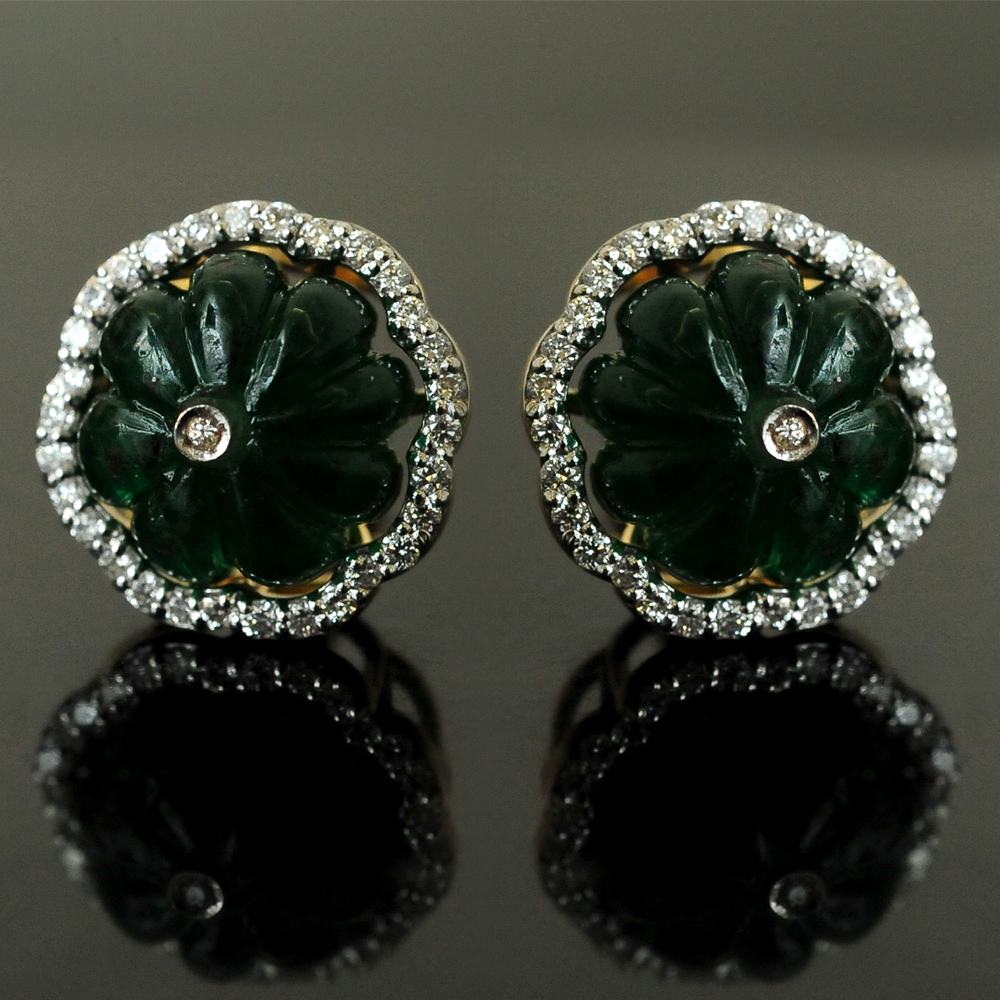 Floral Shaped Diamond Studs with Natural Emeralds.