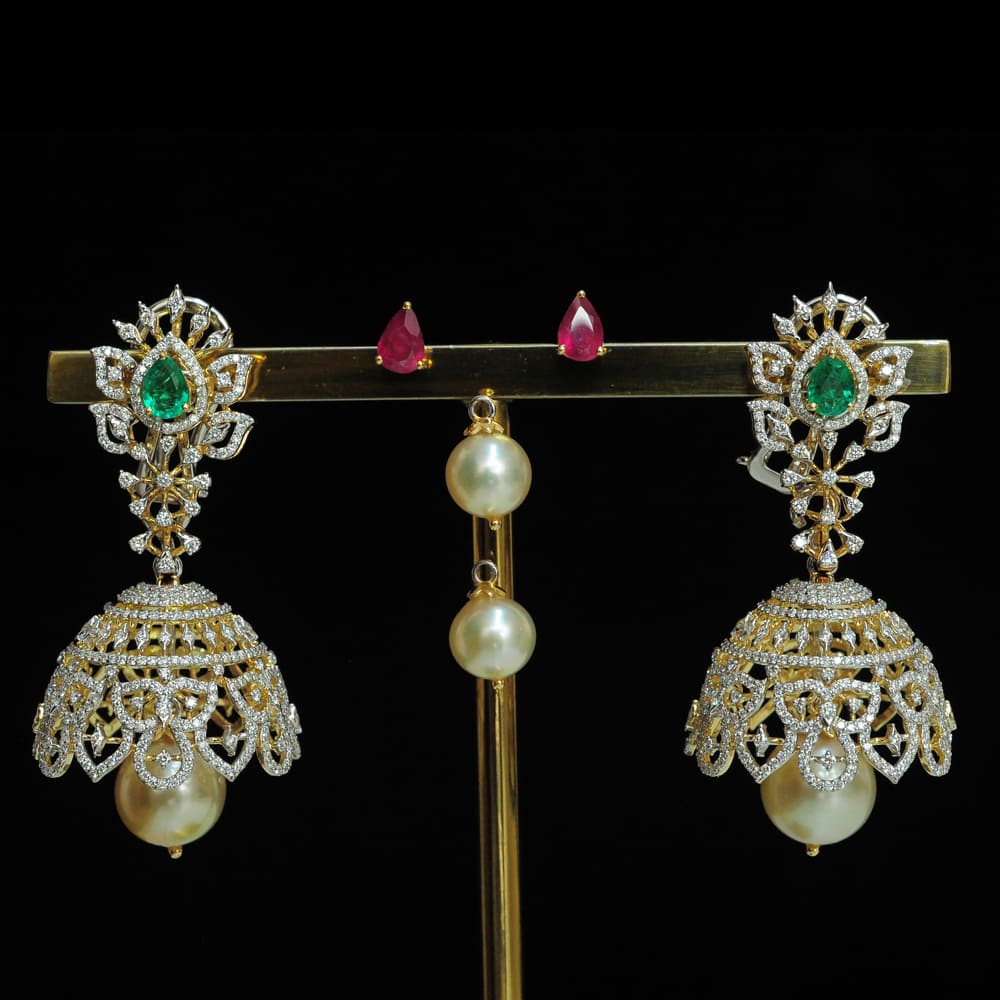Diamond Jhumkas with changeable Natural Emeralds/Rubies and Pearl Drops