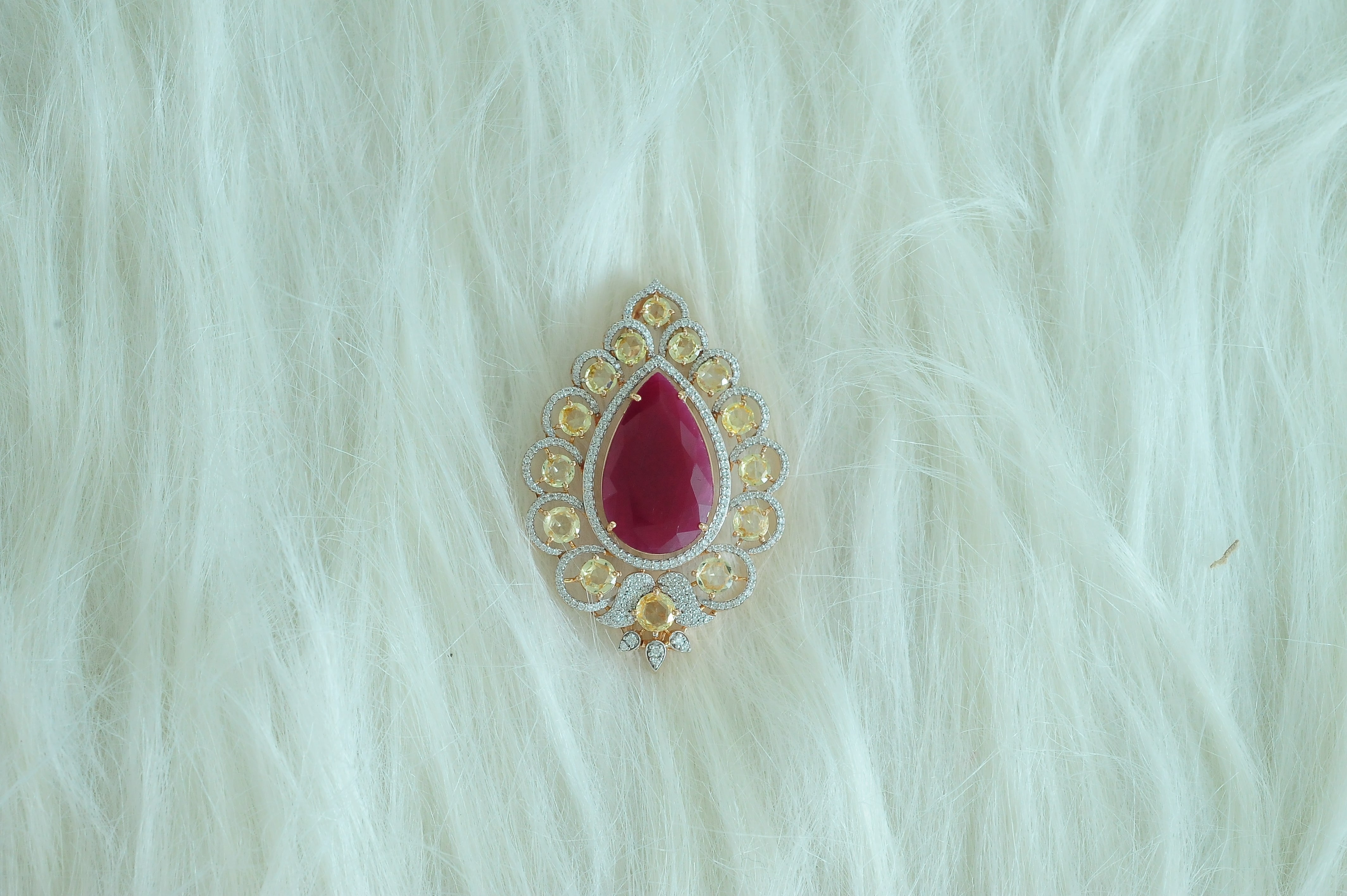 Telugu Design Diamond Pendant with Natural Rubies and Yellow Sapphire