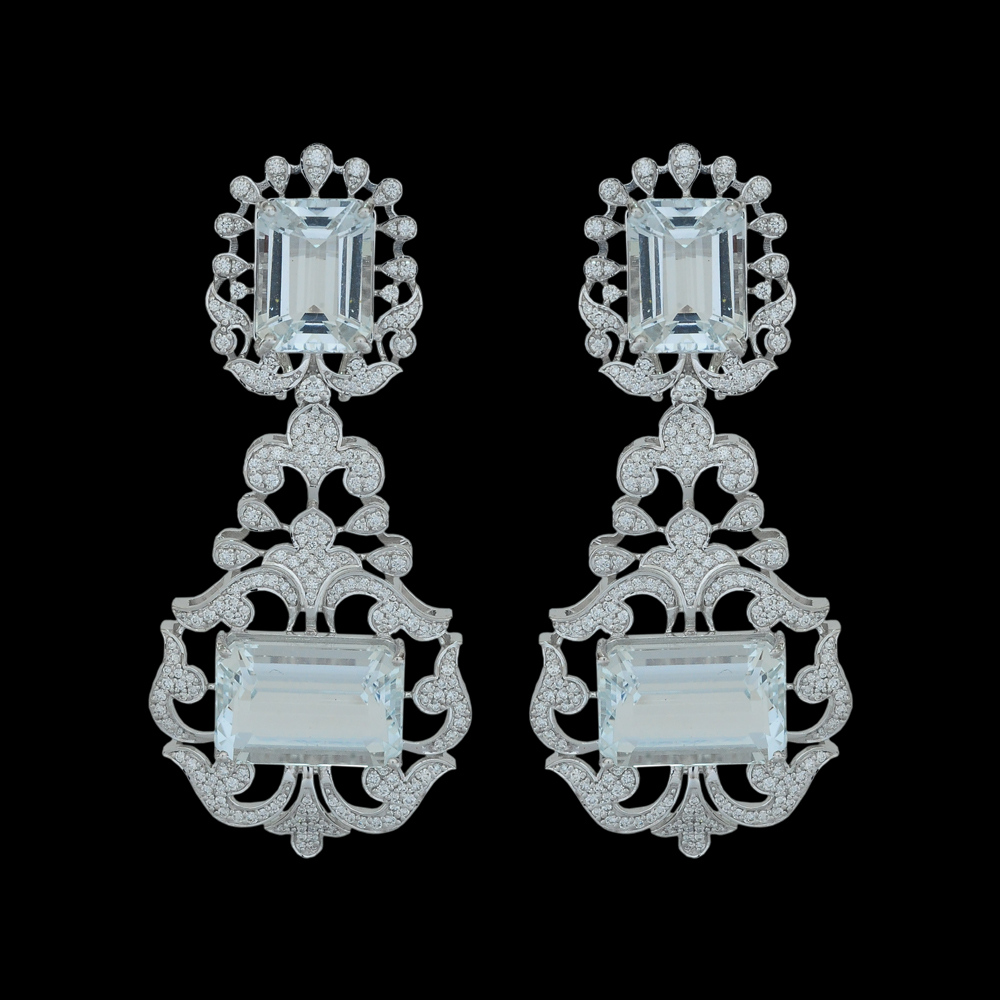 Diamond Chandelier Earrings with Natural Aquamarine