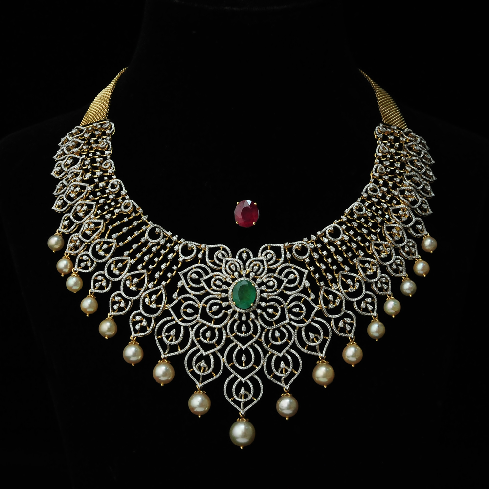 Diamond Necklace - Changeable Natural Emerald, Ruby, and Pearl drops
