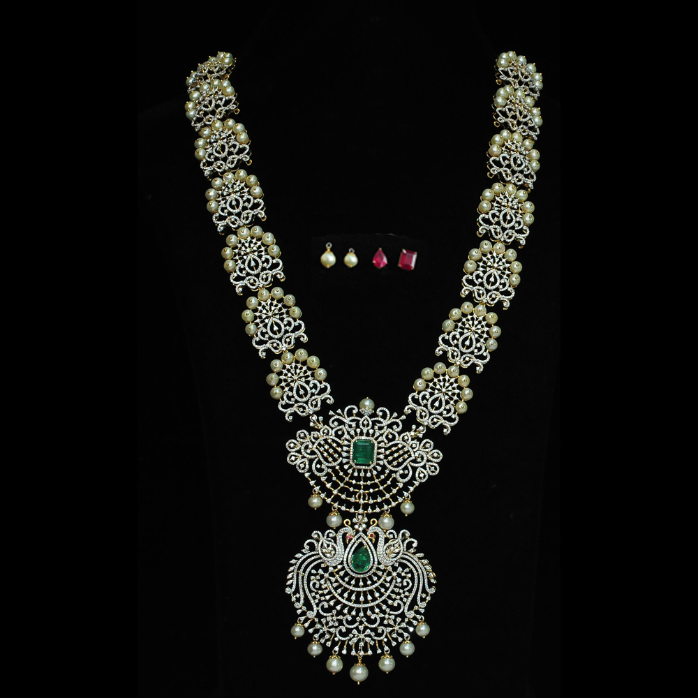 2 In 1 Long Diamond Necklace and Pendant with changeable  Natural  Emeralds/Rubies and Pearl Drops.