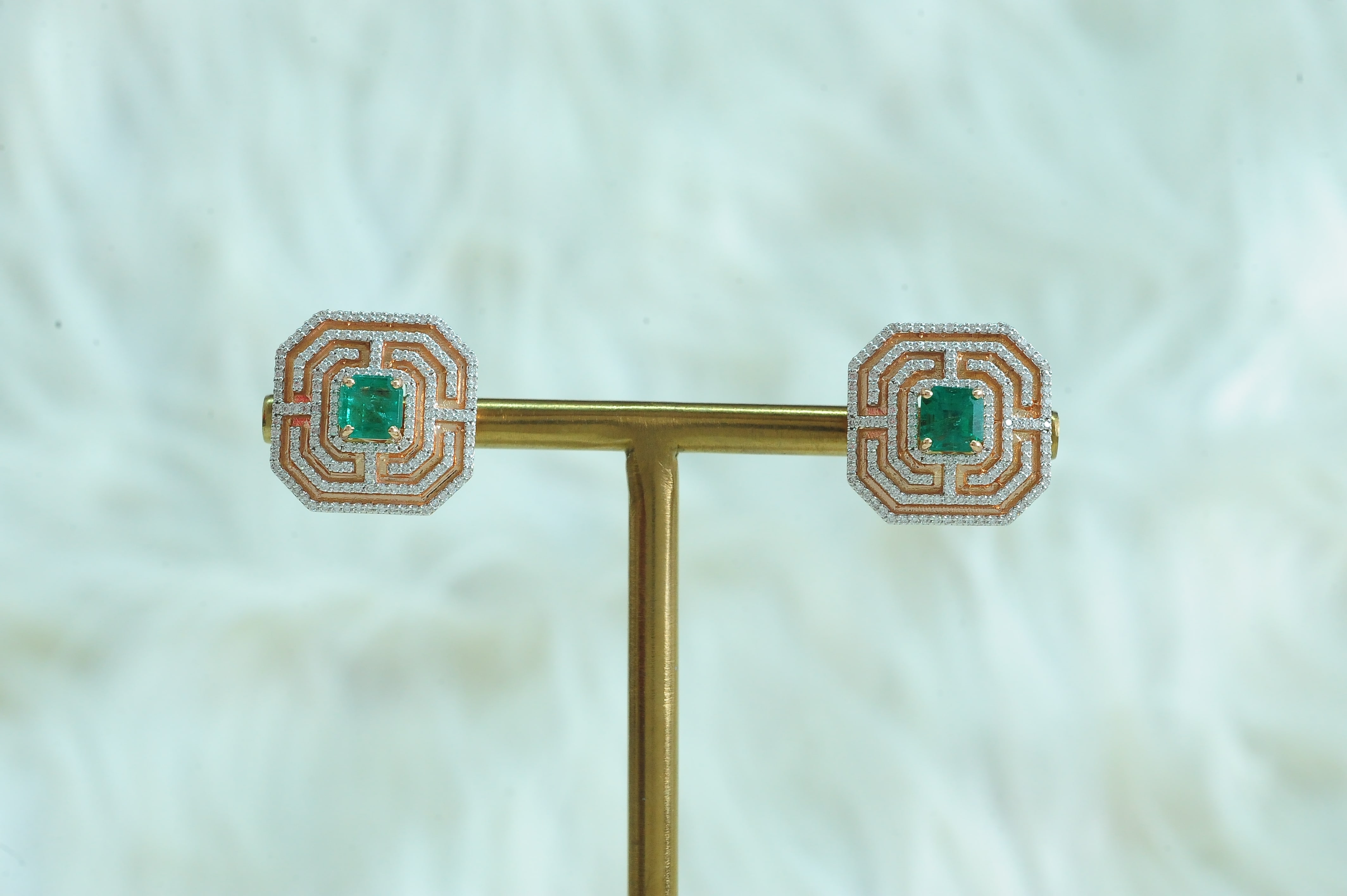 Square Diamond Studs with Natural Emeralds