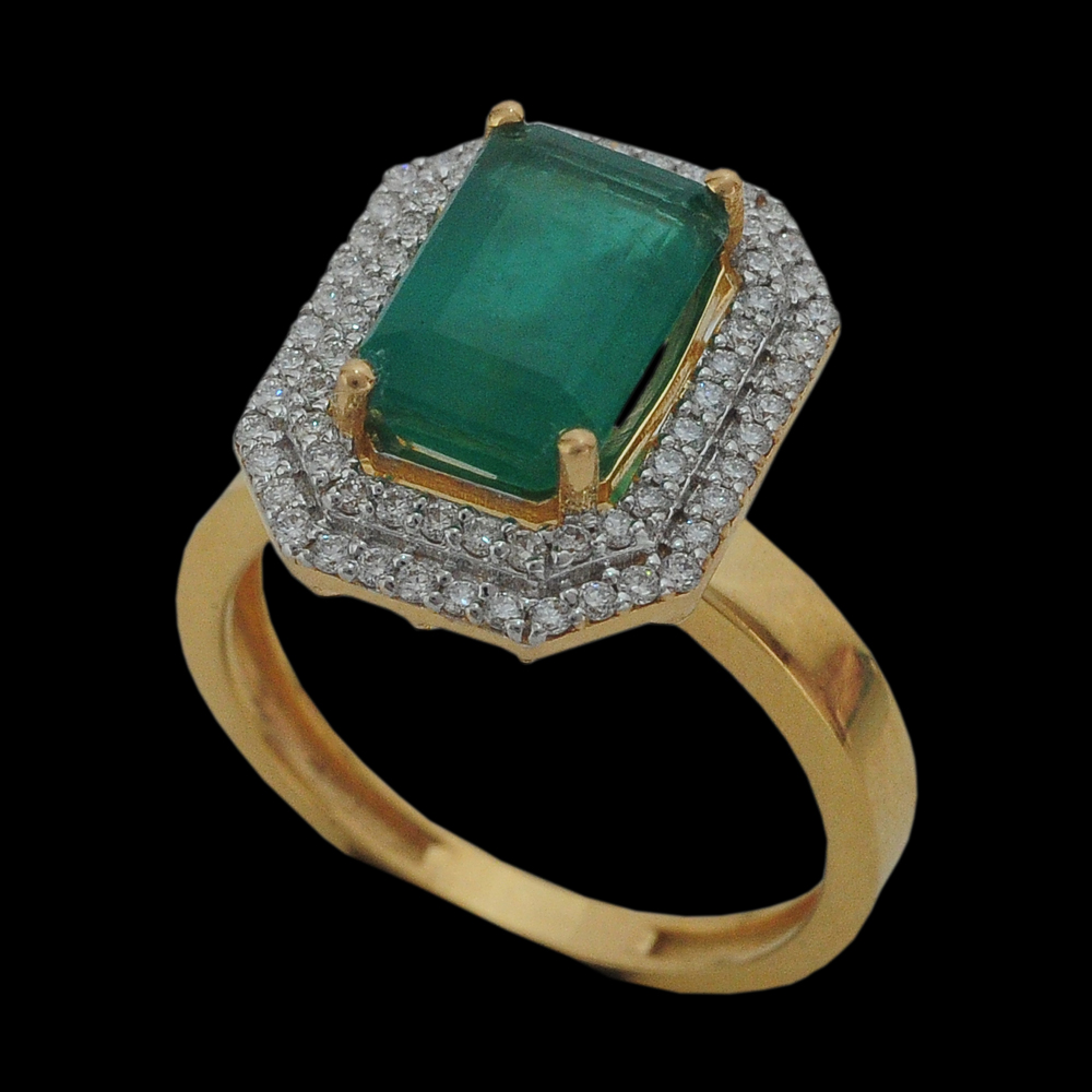 Diamond Cocktail Ring with Natural Carved Emerald