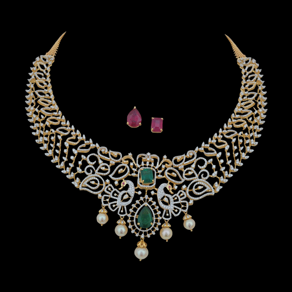 Diamond Necklace with Changeable Natural Emerald/Ruby and Pearl Drops