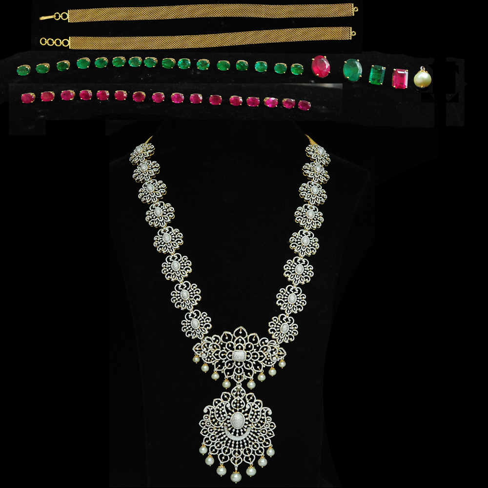 3 In 1 Diamond Necklace, Pendant and Vaddanam with changeable Natural  Emeralds/Rubies and Pearl Drops.