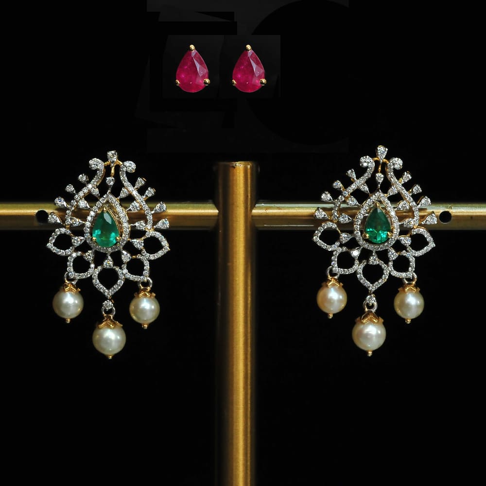 Diamond Earrings with Changeable Natural Emeralds/Rubies and Pearl Drops.