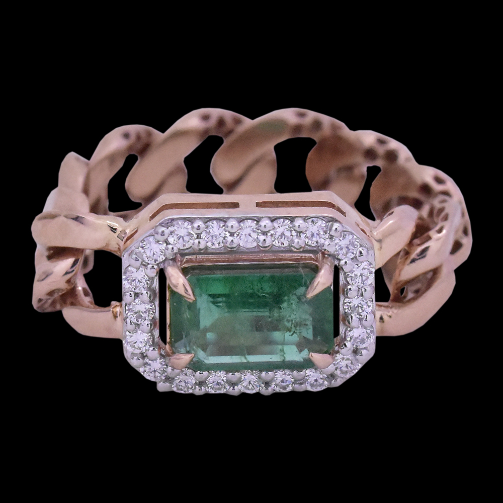 Designer Chain Design Diamond Ring with Natural Emerald