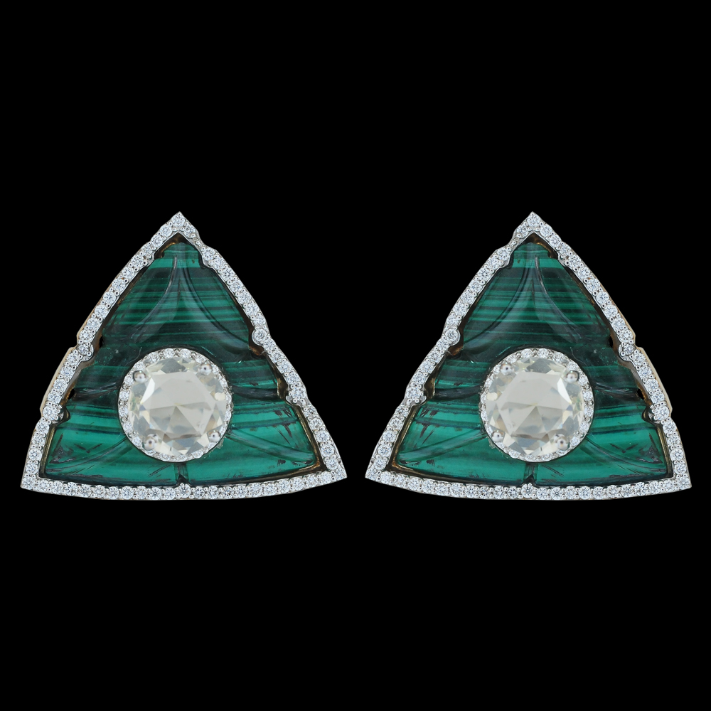Triangle Shape Diamond Studs with Natural Malachite