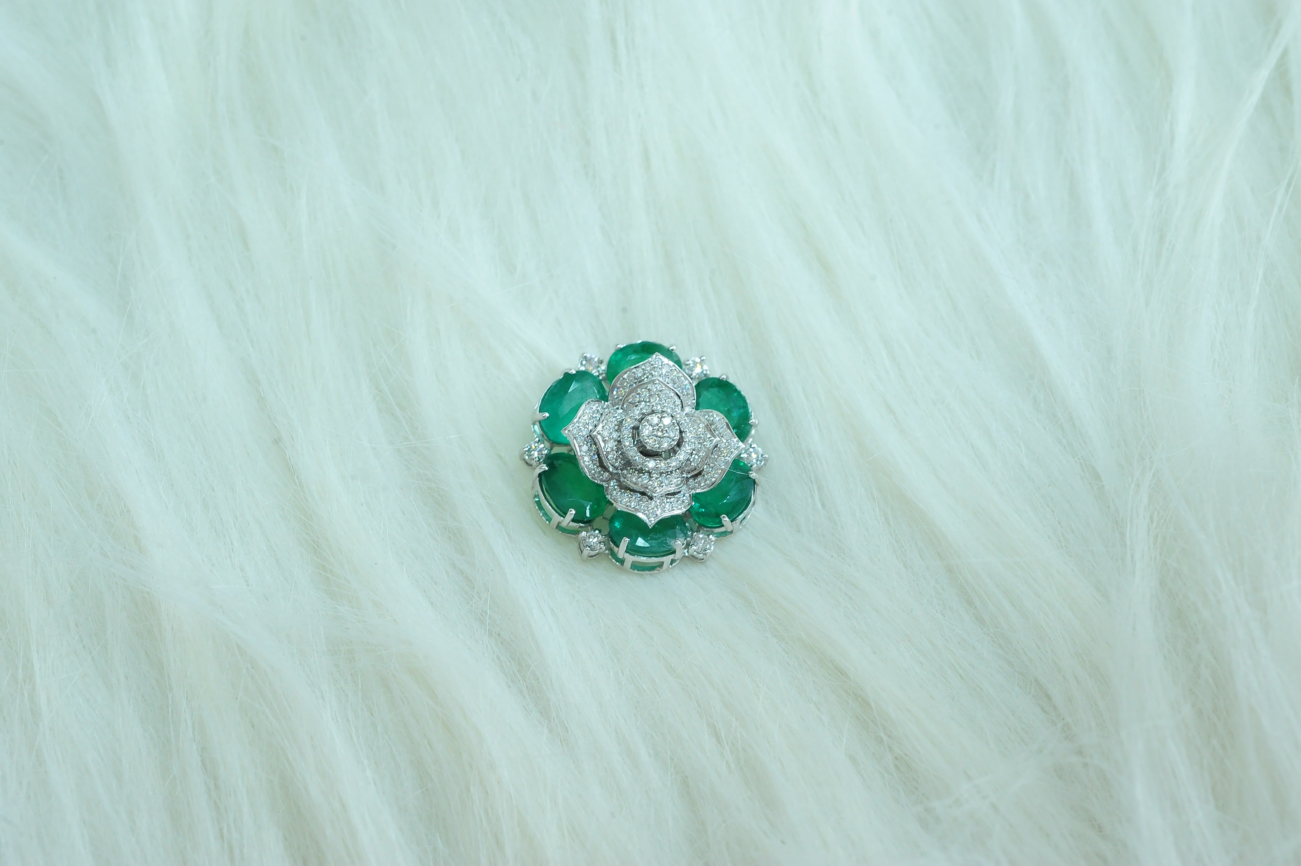 Flower Design Diamond Pendant with Natural Emeralds