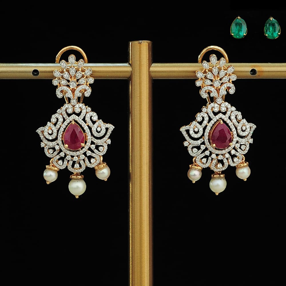 Diamond Earrings with changeable Natural Emeralds/Rubies and Pearl Drops