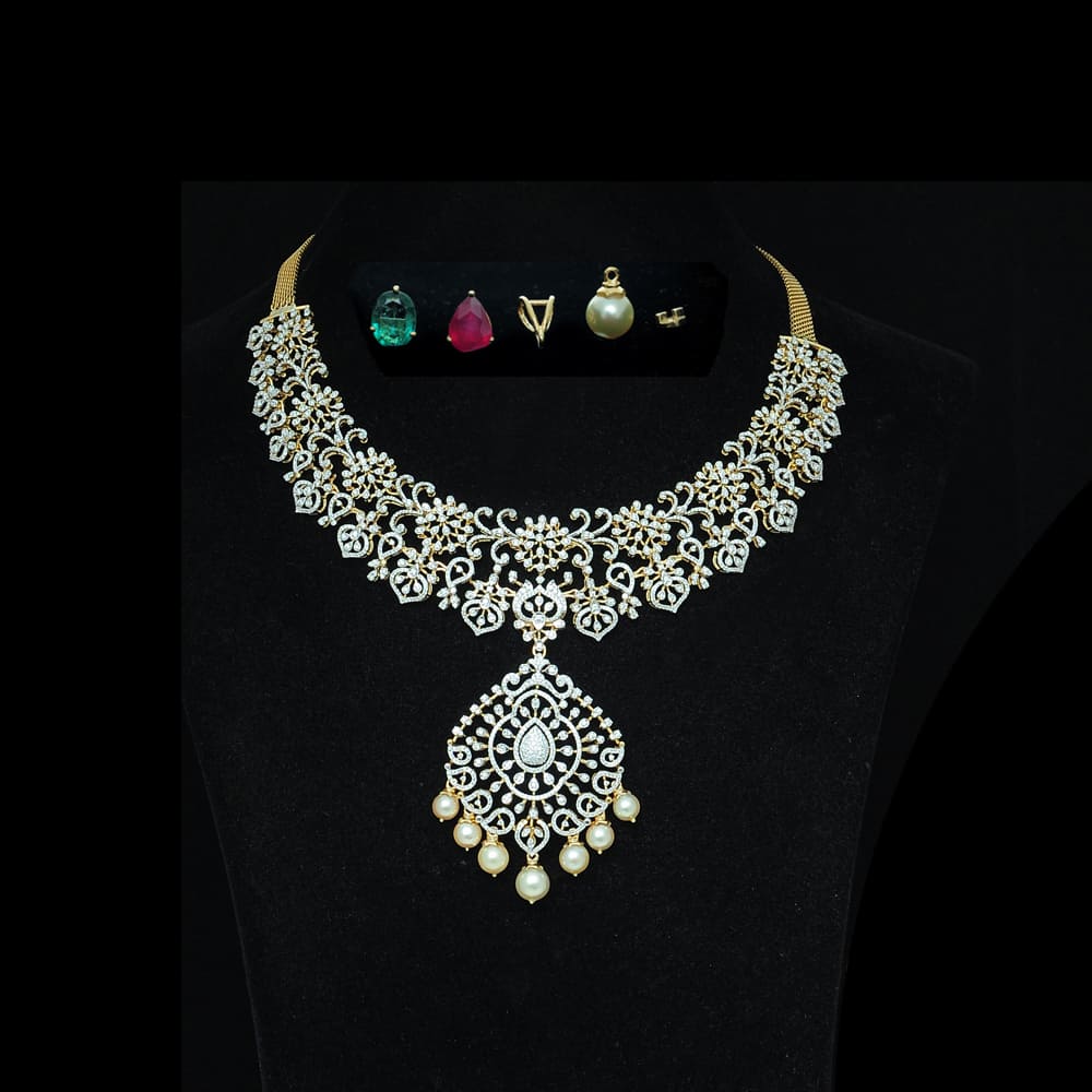 3 In 1 Diamond Necklace and Pendant with changeable Natural Emeralds/Rubies and Pearl Drops.