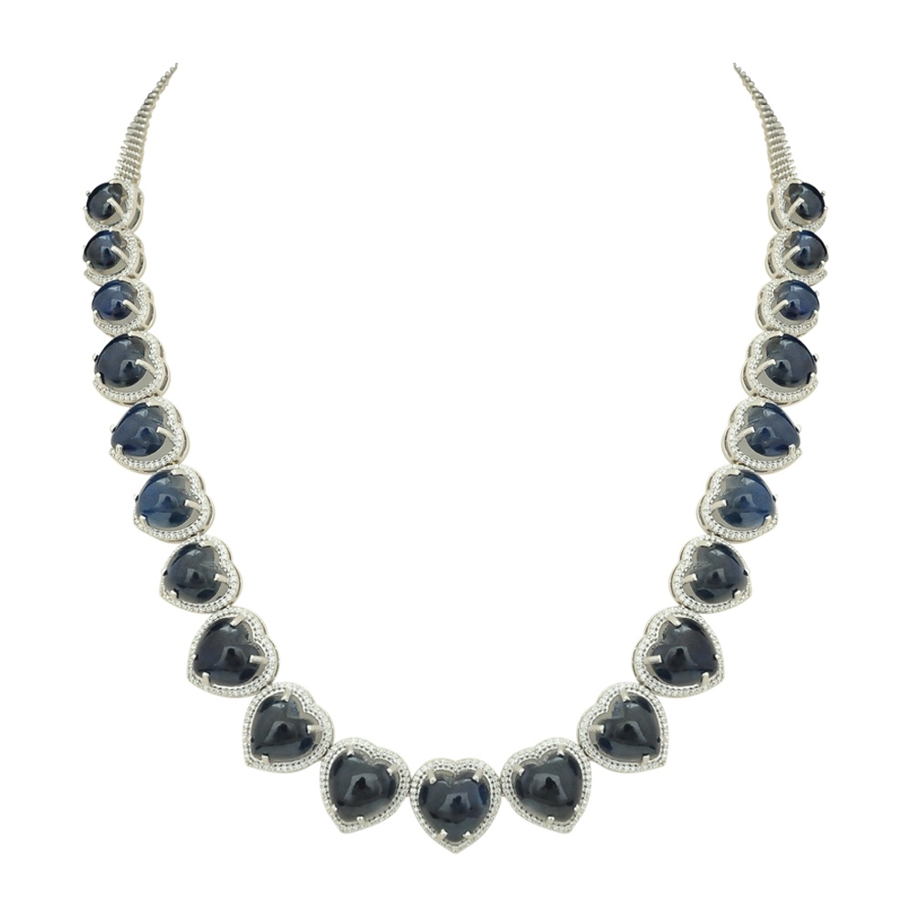 Heart Blue Sapphire Diamond Necklace Earrings Set