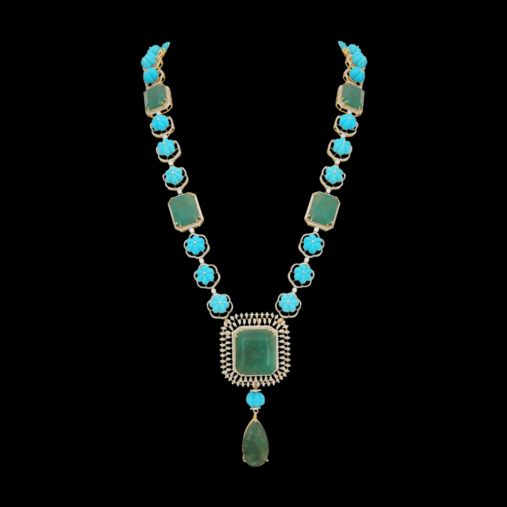 Natural Carved Emerald, Turquoise and Diamond Haaram Necklace