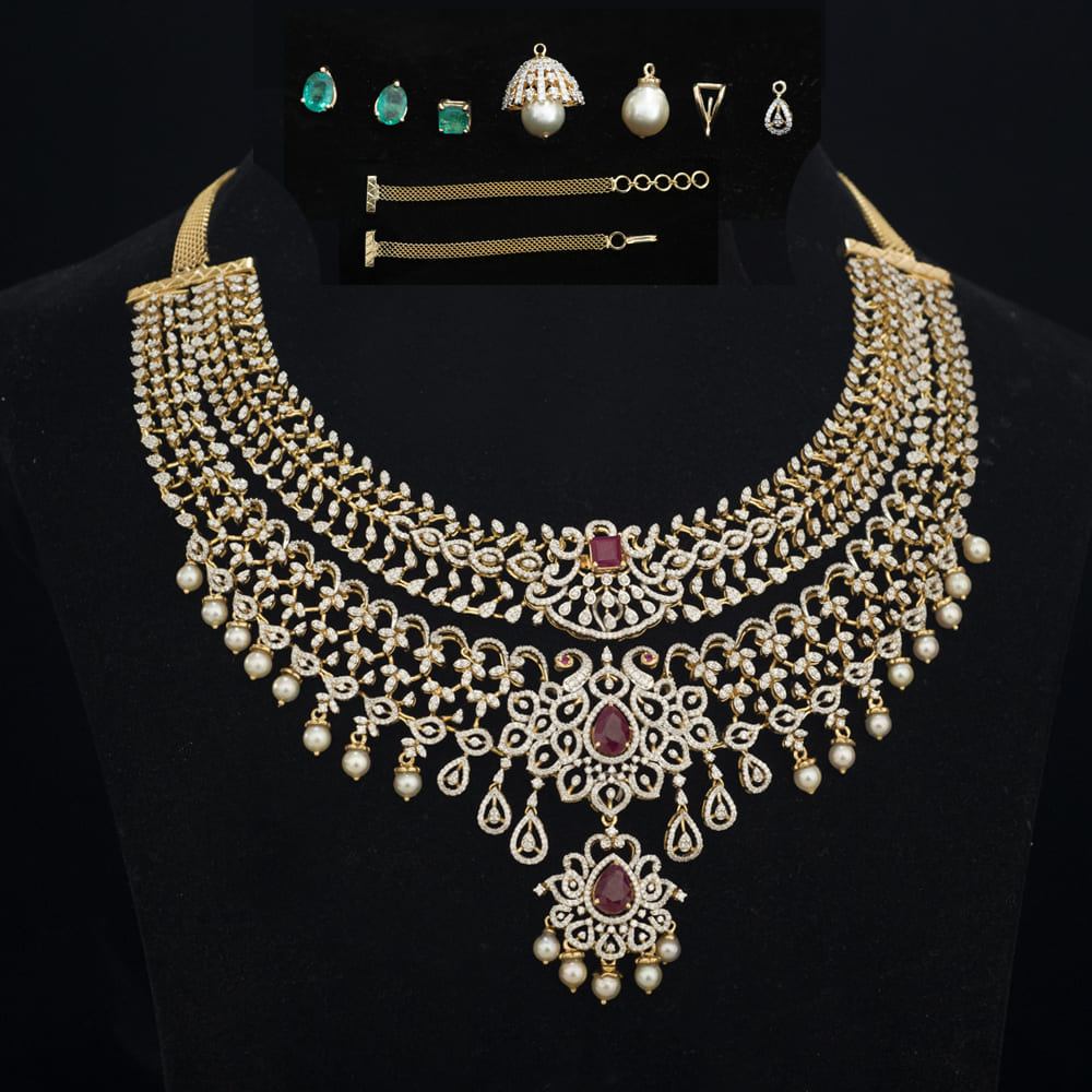 10-In-1 Diamond Choker Necklace and Pendant with changeable Natural Emeralds/Rubies and detachable Pearl Drops.