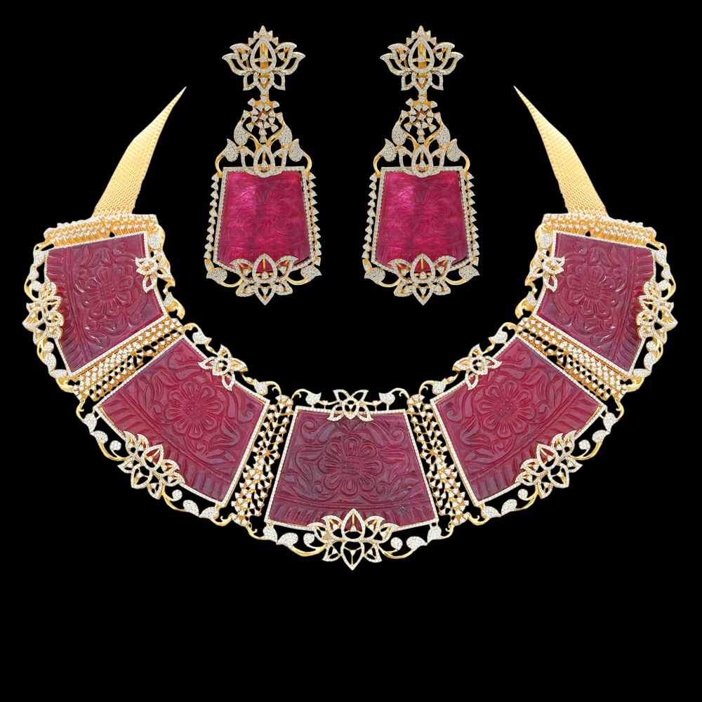 Carved Natural Ruby and Diamond Earrings Set