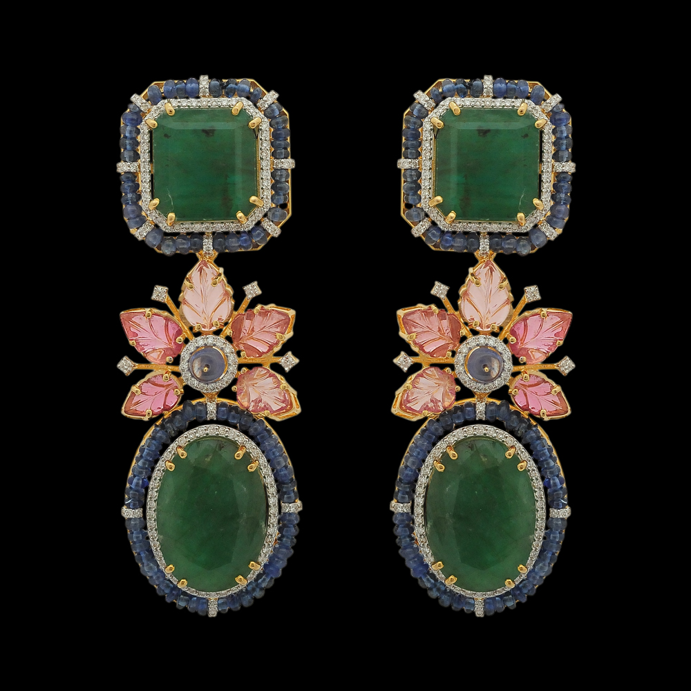 Stud Earrings with diamonds, Emerald, Sapphires and Tourmaline