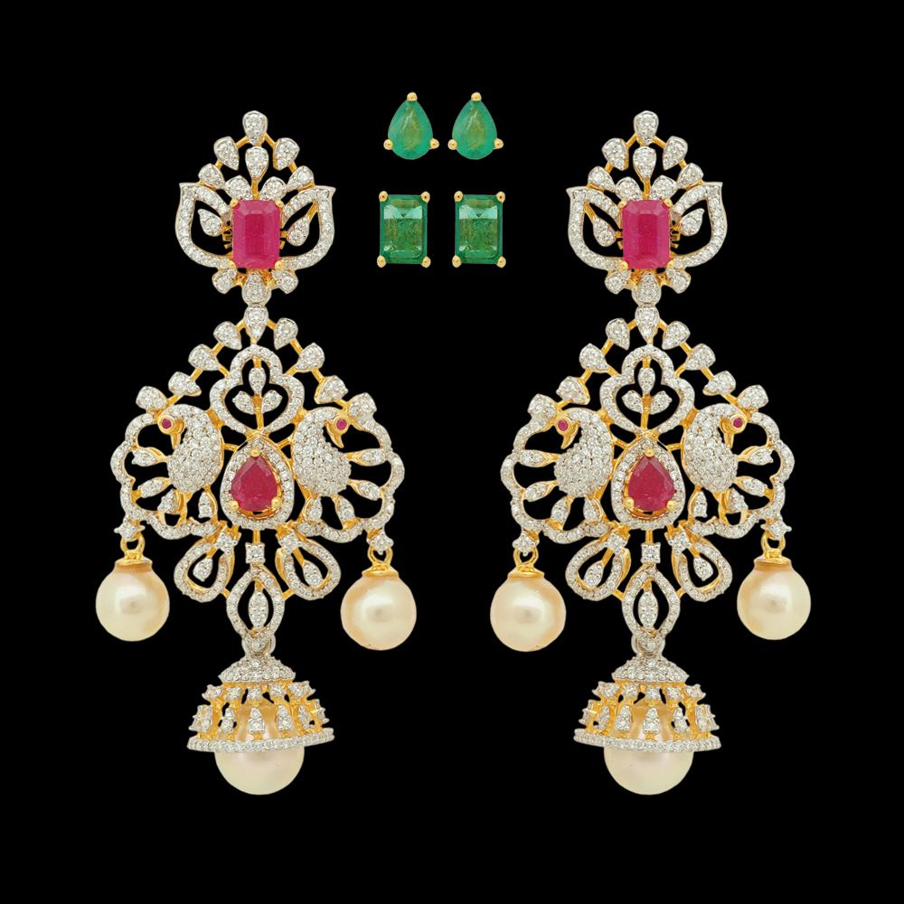 Excellent-cut Emeralds, Rubies and Diamonds Studded Necklace & Earrings Set