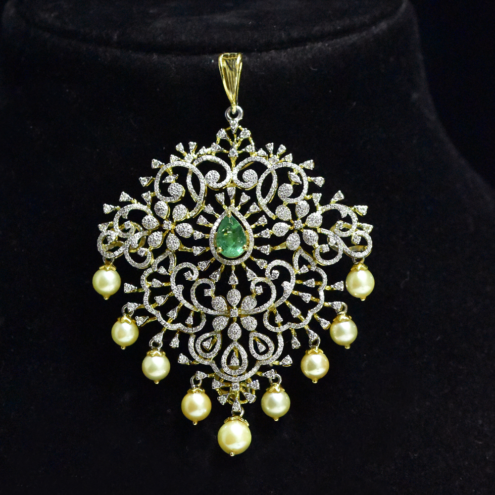 4 In 1 Diamond Necklace, Pendant and Vaddanam with  changeable Natural Emeralds/Rubies and Pearl Drops.