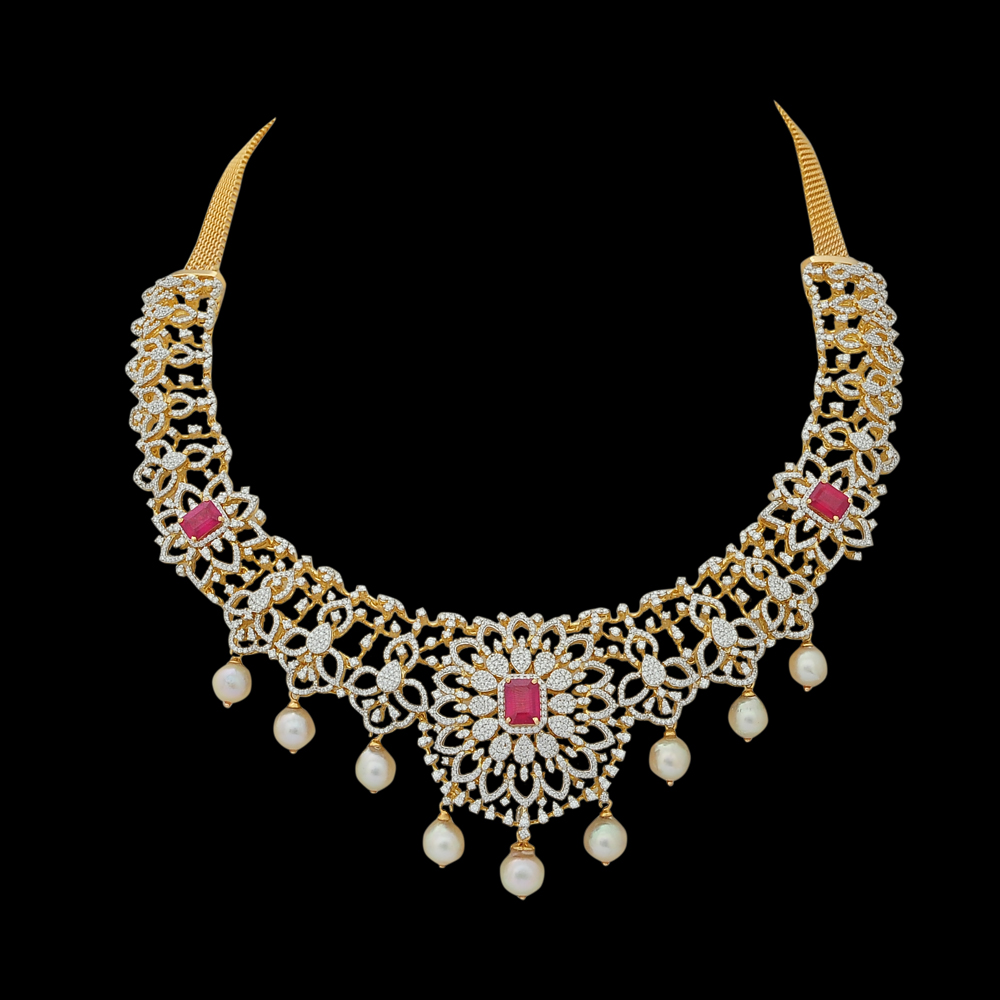 Detachable Gold & Diamond Necklace with Interchangeable Emeralds & Rubies 