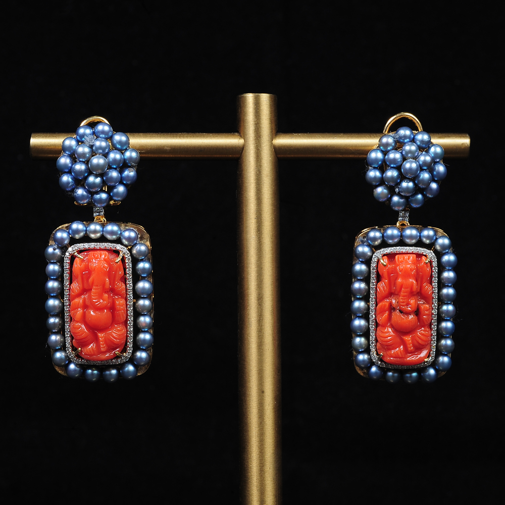 Diamond Earrings with Natural Corals and Pearls.