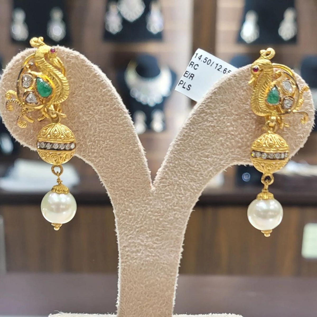 Temple Gold Earrings with Natural Emeralds, Rubies and South Sea Pearls.