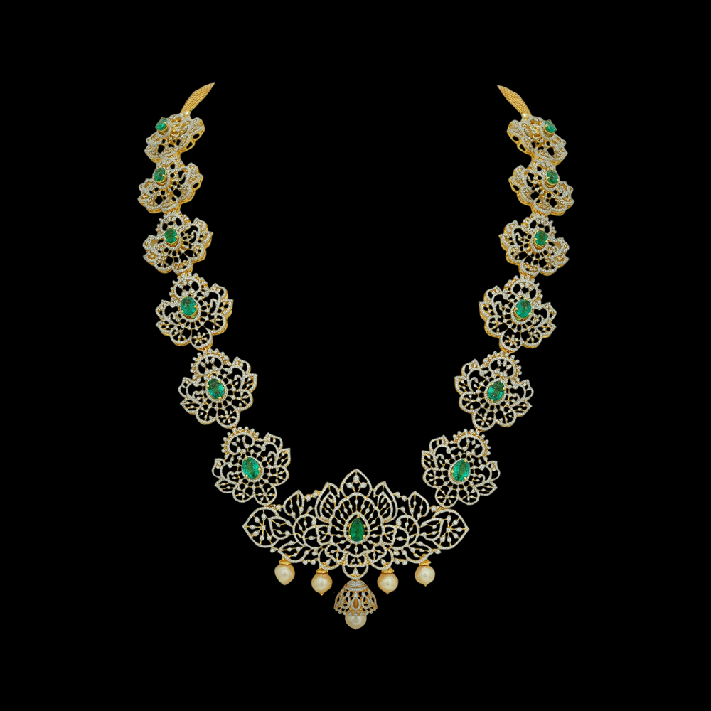 5-in-1 Natural Emerald/Ruby And Diamond Necklace, Pendant And Vaddanam With Pearl Drops 