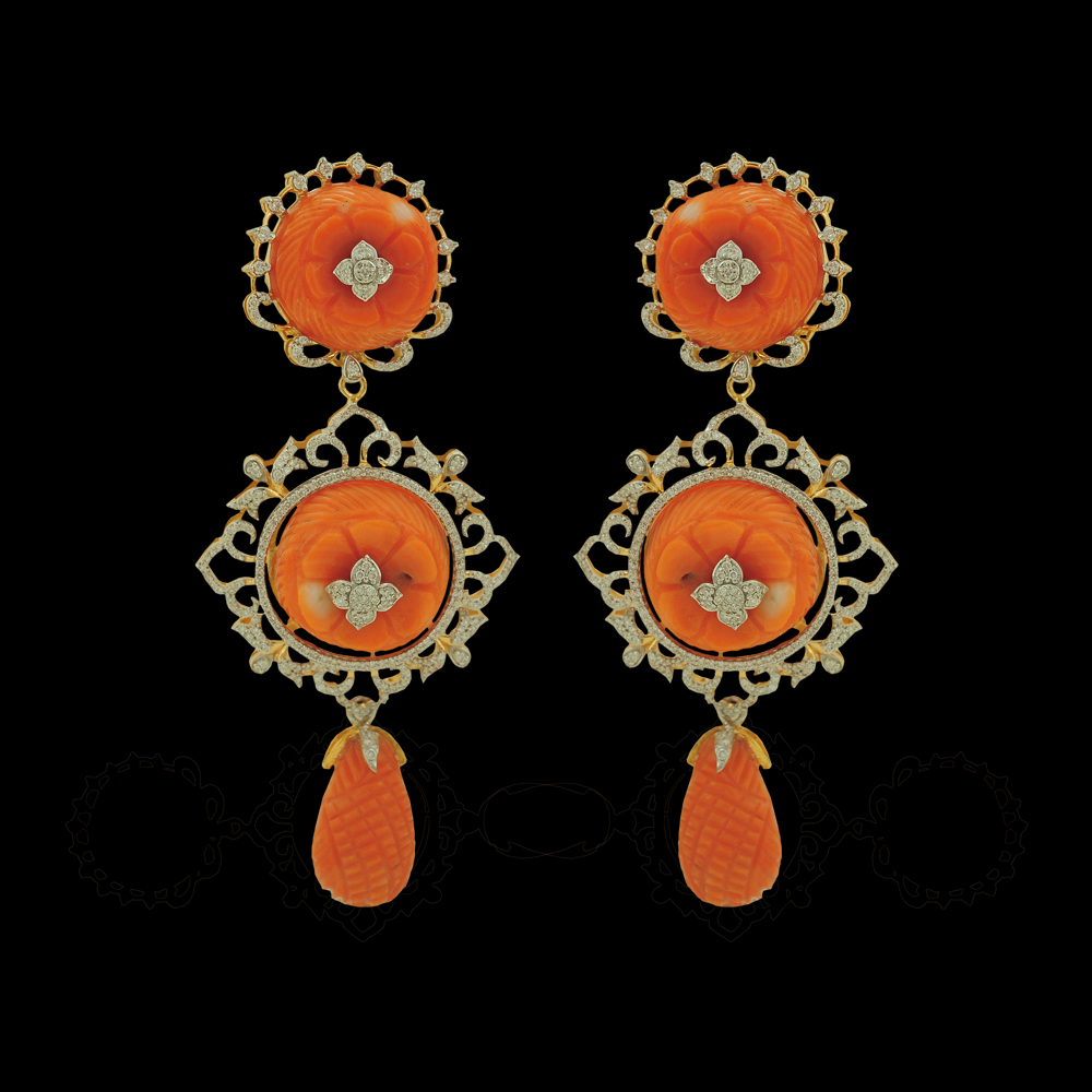 Diamond Earrings with Carved Natural Corals