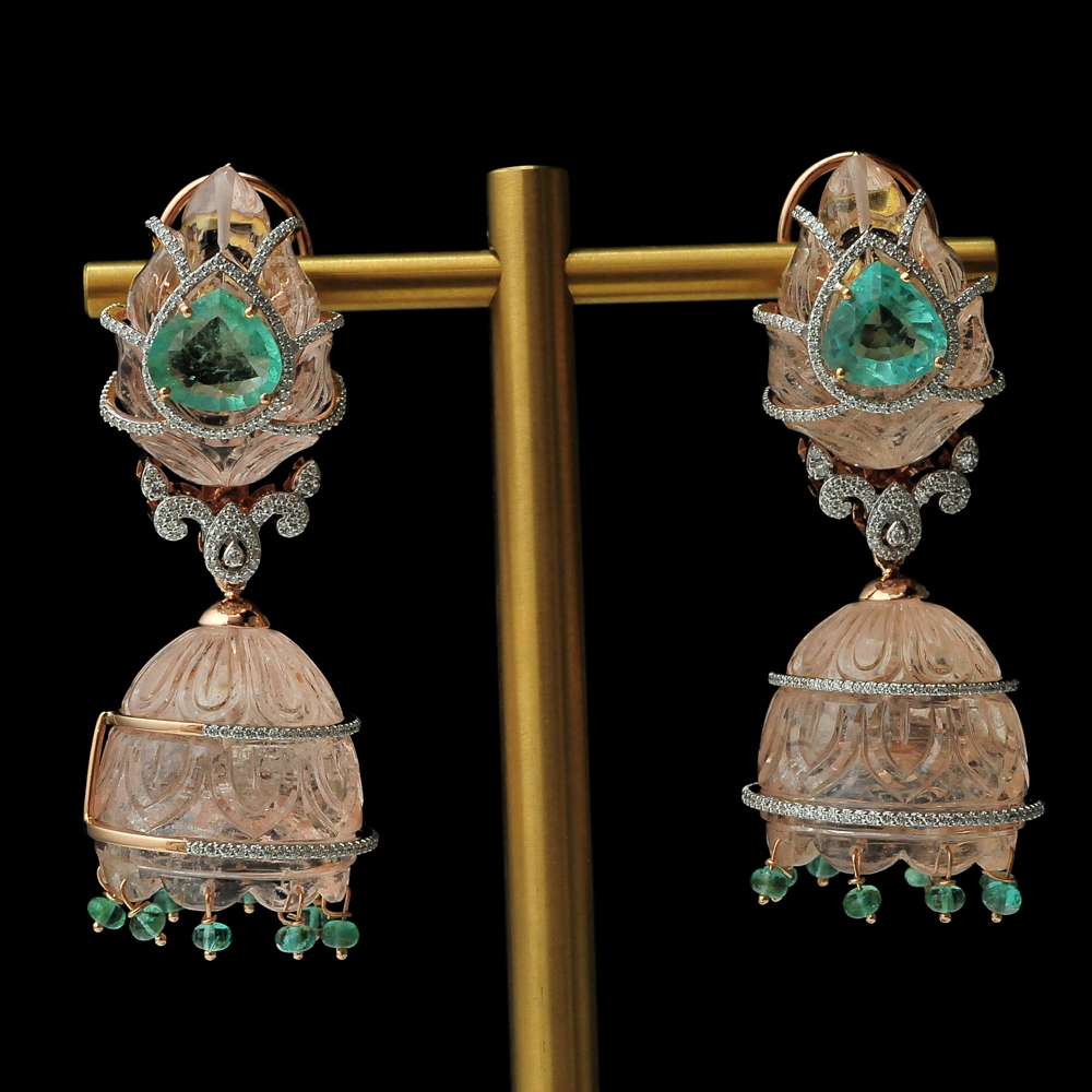 Diamond Jhumka Earrings with Natural Emeralds and Morganite 