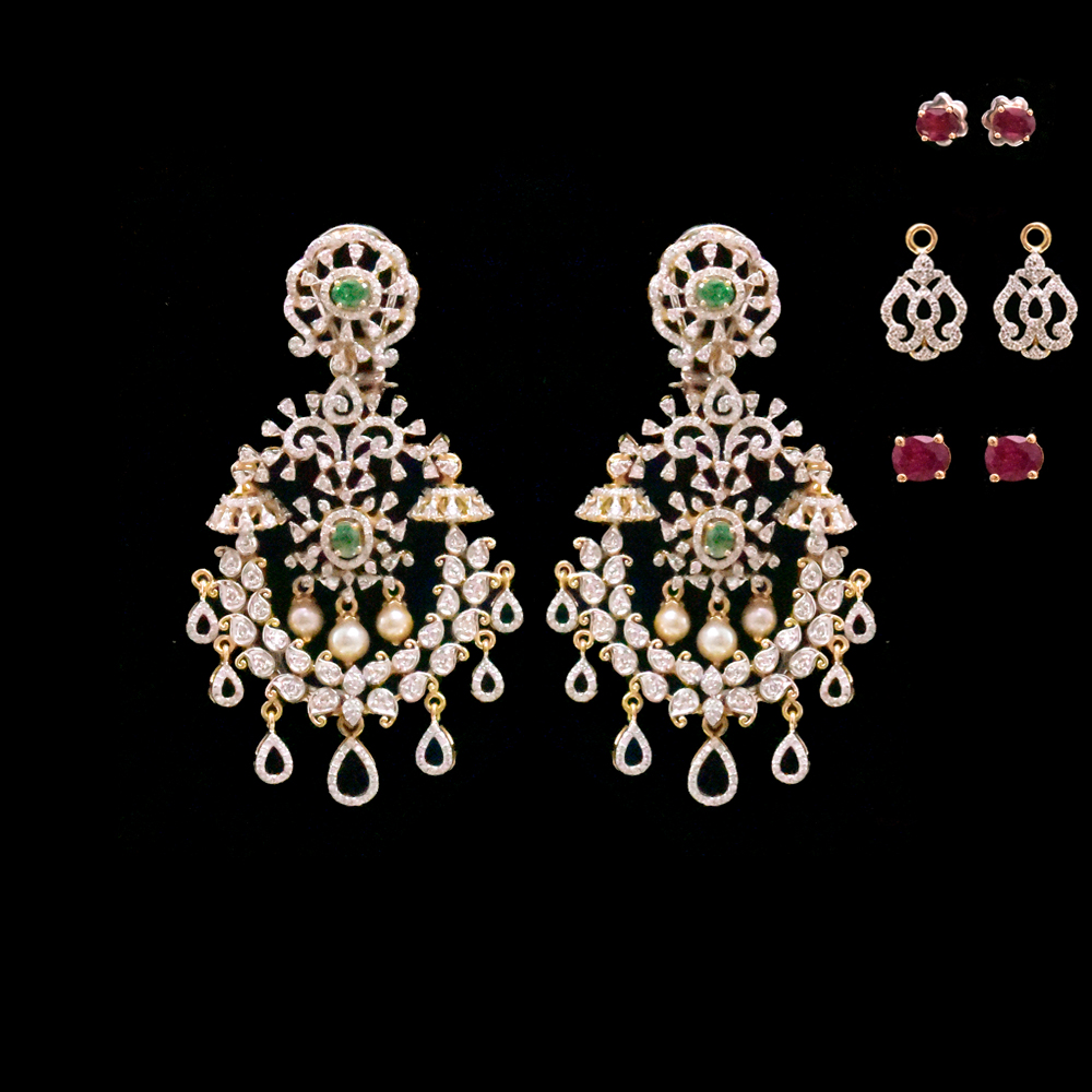 2 In 1 Diamond Earrings with changeable Natural Emeralds/Rubies.