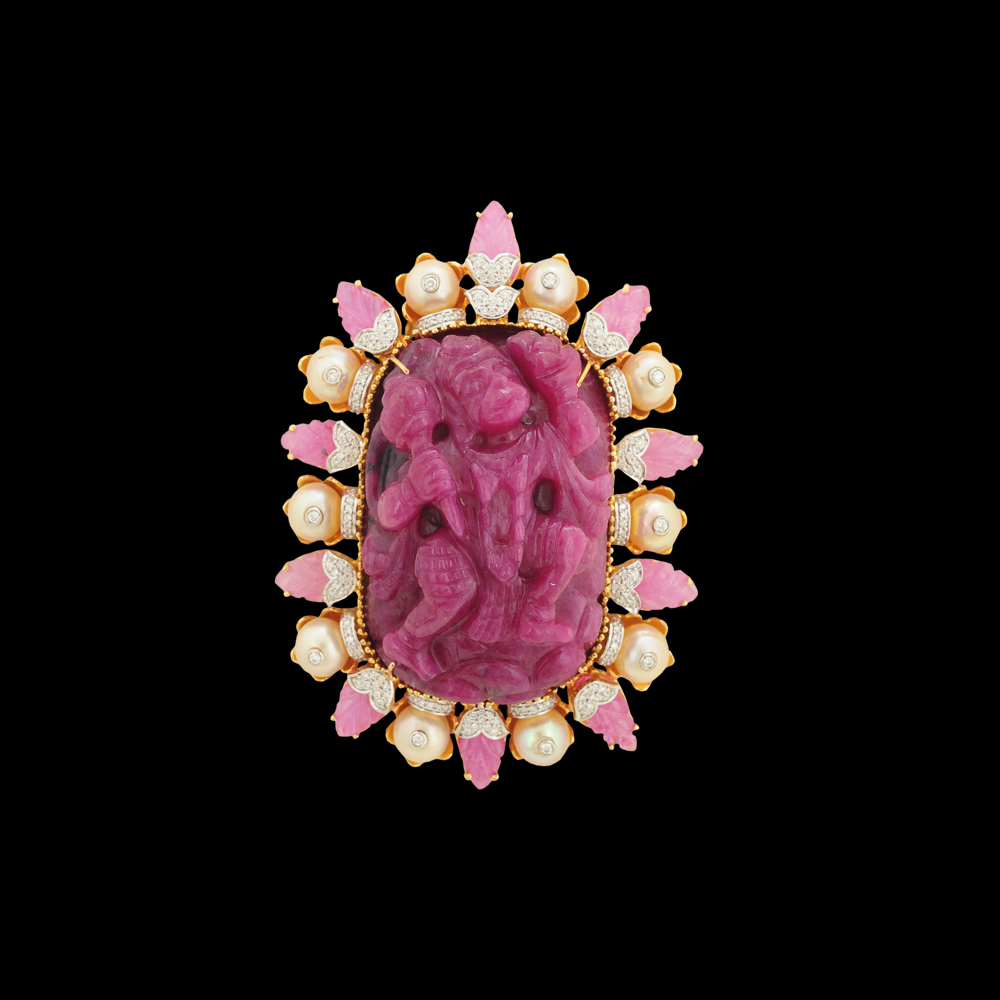 Hanuman Natural Carved Ruby/Pink Sapphire and Diamond Pendant