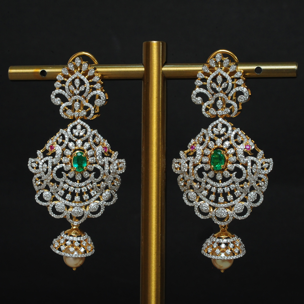 2-in-1 Diamond Earrings with with changebale Natural Emeralds/Rubies and Pearl Drops