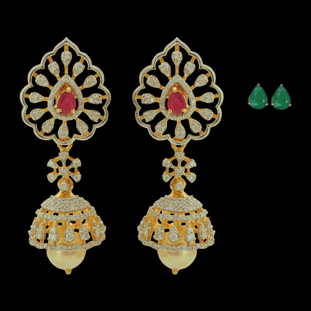 Diamond Earrings with Natural Changeable Emerald/Ruby and Pearl Drops