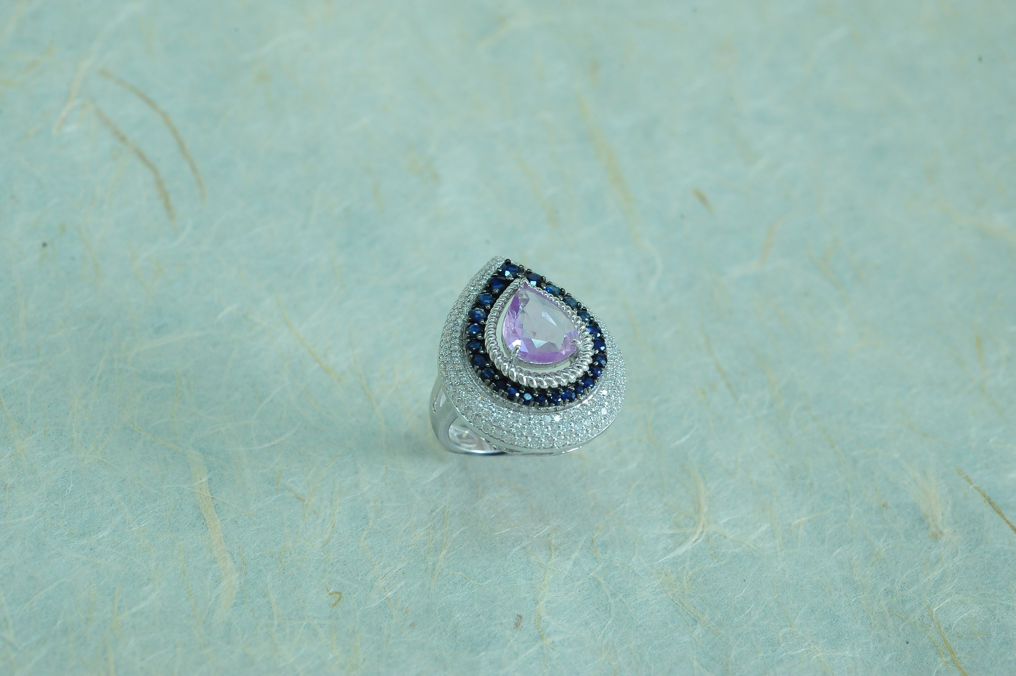 Pearl Shaped Diamond Ring with Natural Sapphires