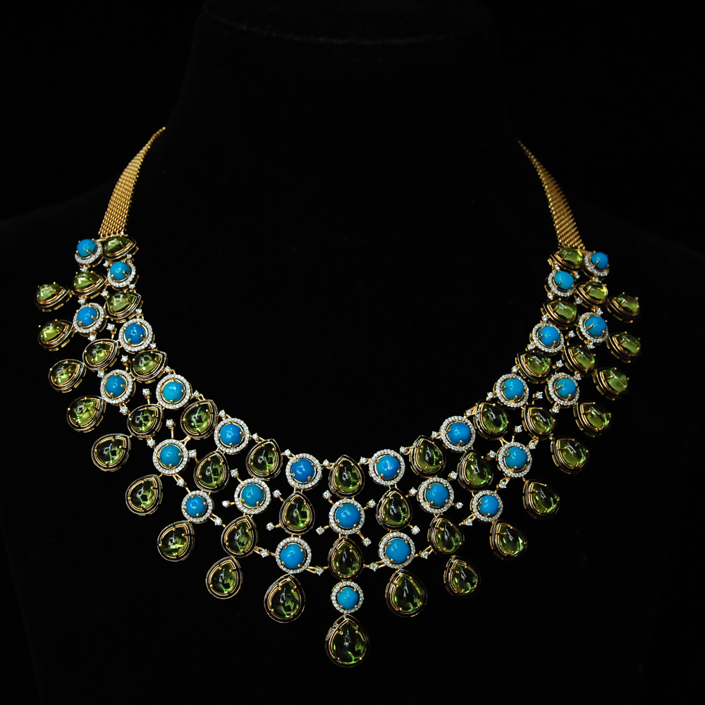 Bridal Diamond Necklace with Natural Peridots and Turquoise