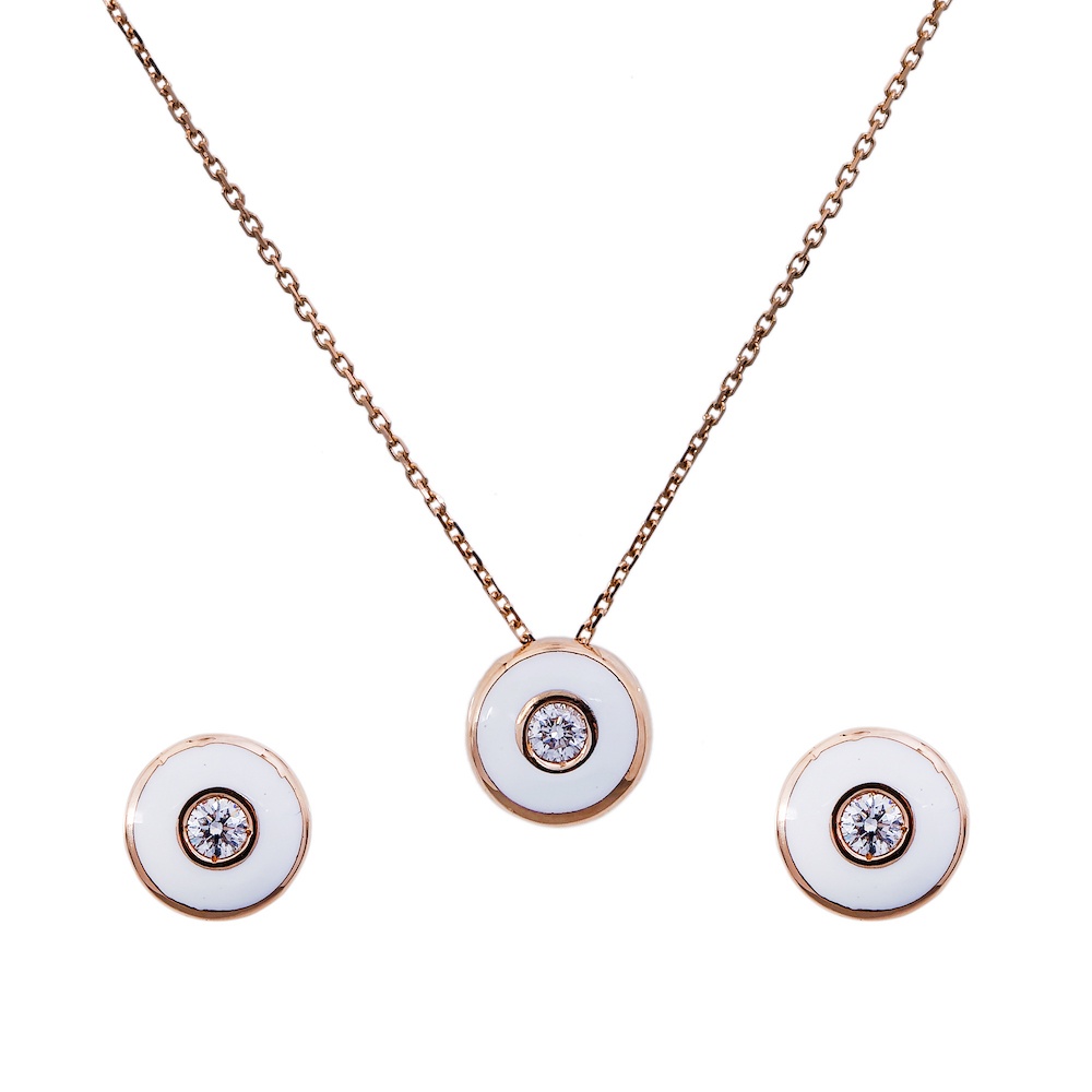 Diamond Pendant and Earrings Set with White Enamel by Maaya Fine Jewels