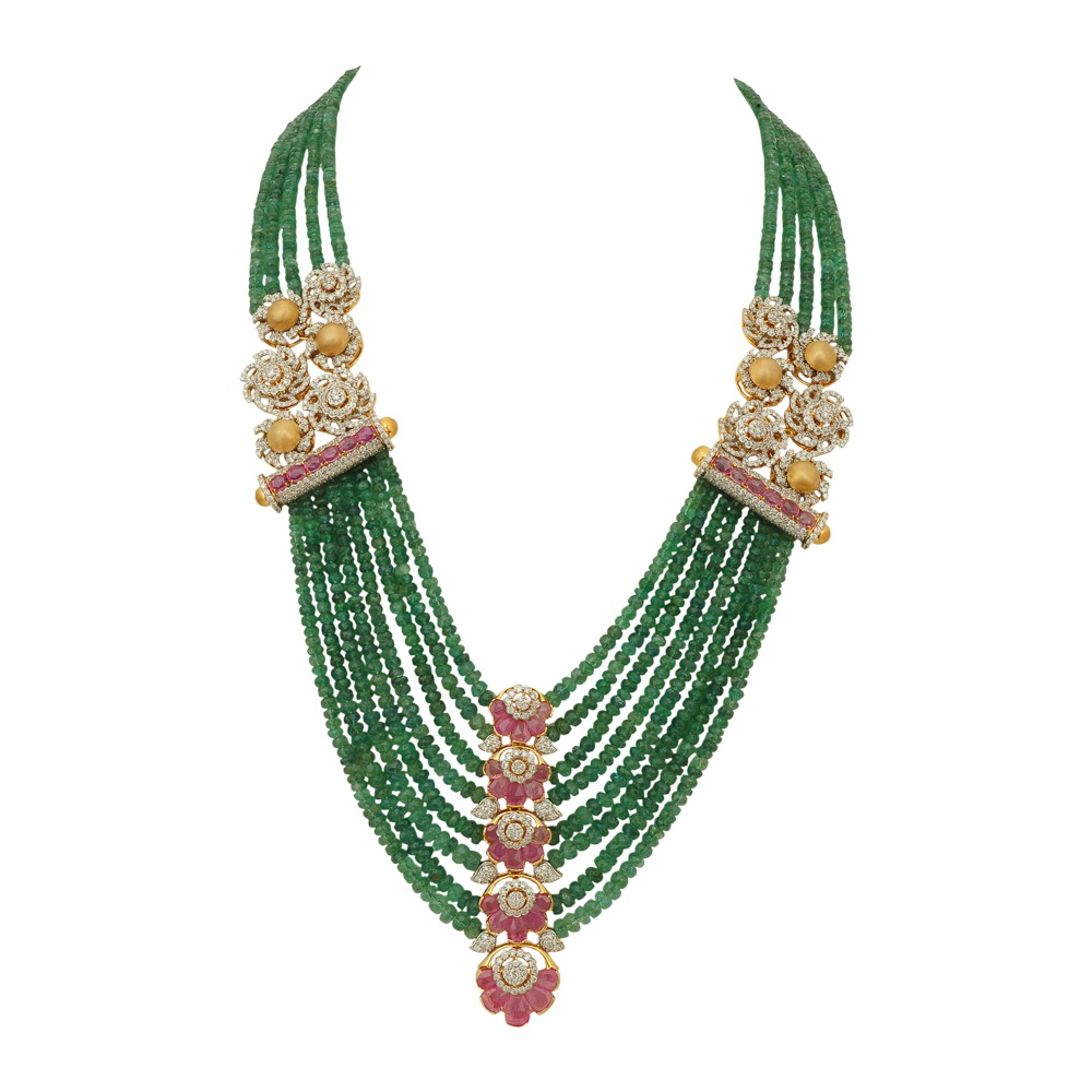 Emerald, Sapphire And Diamond Earrings And Necklace Set 